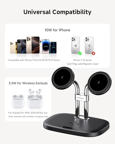 Dual Wireless Charger for iPhone 17, SwanScout 706M, Black | Dual Magnetic Charger for iPhone Air/16/15/14/13/12 Series, Charging Station for AirPods Pro 3/2, AirPods 4/3 - color: Black