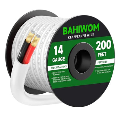 White Speaker Wire 14 Gauge 200FT CL2 Rated CCA Speaker Cable | Flexible PVC Jacket 2 Conductors Red & Black Polarity Mark for Home Theater,Indoor,In-Wall,In-Ceiling & Marine - size: 200 FT, style: 14GAUGE
