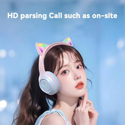 Cat-Ear Wireless Headphones Bluetooth 5.3 Over the Ear Headphones with RGB Light Built-in Mic Foldable Fashionable Stereo Headset Support TF Card for Gaming Travel PC Phone iPad（Ice Blue） - color: Ice Blue