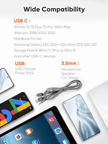 CableCreation USB C to 3.5mm Audio Cable with USB Charging Car Aux Cable | Type C to Aux Jack Headphone Car Stereo with 18W Charge for iPhone 16 15 Pro Max Plus, Galaxy S24/S23+, Pixel 9/8/7+ - style: USB C+3.5mm Audio+USB C Charging (Grey)