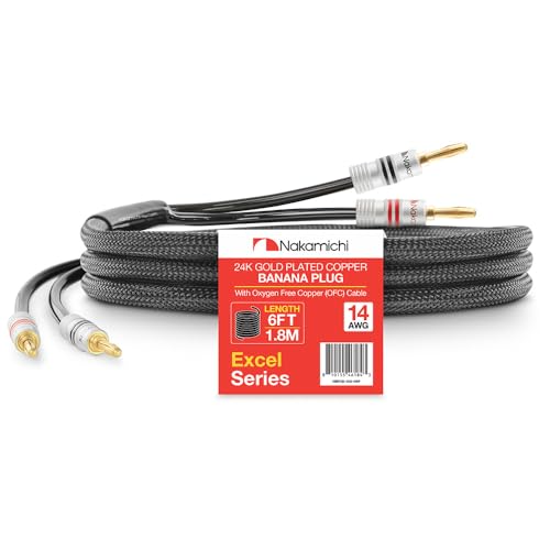Nakamichi 24k Gold Plated Banana Plugs with Speaker Cable Wire 99.9% OFC | Oxygen-Free Copper, Excel Series, Heavy Duty Braided for Amplifier Receiver Hi-Fi Stereo AV - Black (14AWG / 6 feet / 1.8m) - color: Black (14 AWG), size: 6-Feet (1.8m)