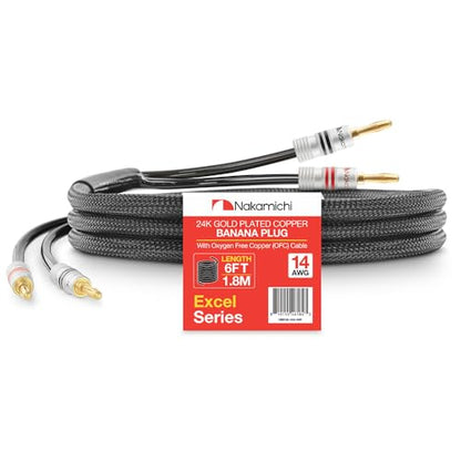 Nakamichi 24k Gold Plated Banana Plugs with Speaker Cable Wire 99.9% OFC | Oxygen-Free Copper, Excel Series, Heavy Duty Braided for Amplifier Receiver Hi-Fi Stereo AV - Black (14AWG / 6 feet / 1.8m) - color: Black (14 AWG), size: 6-Feet (1.8m)