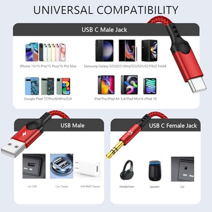 USB C to 3.5mm Aux Cable, 2 in 1 USB C to 3.5mm Car Stereo Aux Headphone Jack Cable with PD 18W Charging Compatible with iPhone 17/17Pro/16/16e/15 Pro Max, Galaxy S25/S24/S23/S22/S23FE, Pixel 9/8/7 - color: Red