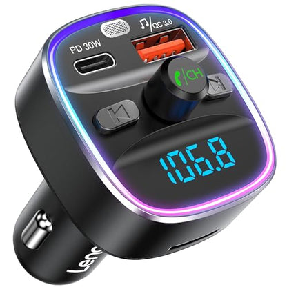 LENCENT Bluetooth 5.4 FM Transmitter Car Adapter 48W PD Fast Charging | PD 30W & 18W, 7 Color Light Wireless Radio Music Adapter Hands-Free Calling, Support USB Drive & TF Card - color: Colorful-48W