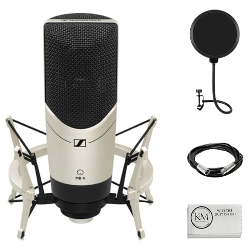 Sennheiser MK 4 Set Large-Diaphragm Cardioid Condenser Microphone with MKS4 Shockmount Bundle with XLR Cable + Pop Filter + Cleaning Cloth (5 Items)