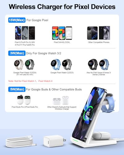NANAMI 3 in 1 Wireless Charging Station Charger Dock for Google Devices | Fast Charger Stand Dock for Pixel 9/9 Pro XL/Fold, Buds Pro 2/Pro, Watch 3/2, Fitbit Versa 4/Sense 2(Not for Pixel Watch 1/4) - color: White