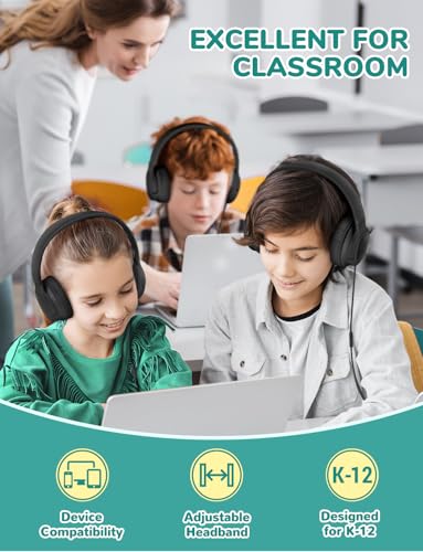 iClever HS27 5 Pack Kids Headphones for School K-12 Online Learning Travel | SafeSound Tech3.0, Tangle Free, 3.5mm Jack, Mic Include, HD Stereo, Swivel Foldable, Headphones for Class, Bulk 5Pack, Black - color: Black