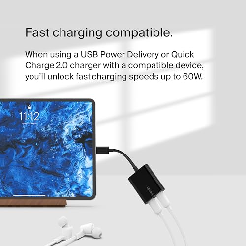 Belkin RockStar USB-C Audio + Charge Adapter, Headphone Adapter w/ USB-C 60W Power Delivery Fast Charging for iPhone, iPad Pro, Galaxy, Note, Google Pixel, LG G6, Sony Xperia, OnePlus, & More - Black | Headphone jack plus USB-C charging pass-through, comp