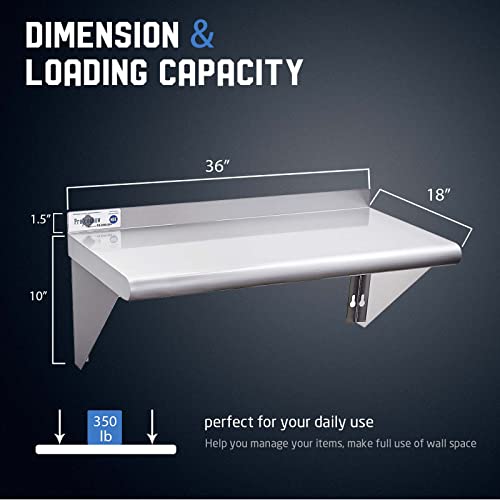 Profeeshaw NSF Stainless Steel Shelf 18” x 36”, Commercial Wall Shelving | 350 lb, Wall Mounted Metal Shelves, with Backsplash and 3 Brackets, for Restaurant, Bar, Utility Room, Kitchen and Garage - size: 18"x36"