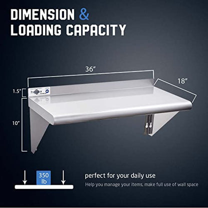Profeeshaw NSF Stainless Steel Shelf 18” x 36”, Commercial Wall Shelving | 350 lb, Wall Mounted Metal Shelves, with Backsplash and 3 Brackets, for Restaurant, Bar, Utility Room, Kitchen and Garage - size: 18"x36"