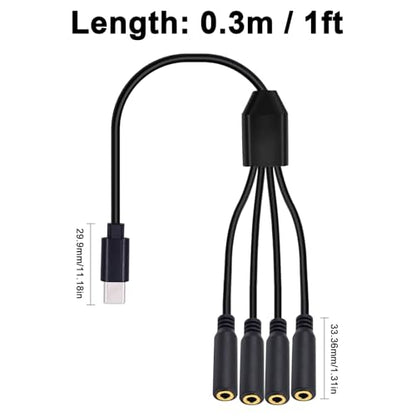 Poyiccot USB C to 3.5mm Splitter Cable, 4-in-1 USB Type C to 3.5mm TRS Multi Audio Headphone Stereo Cable Compatible with Headphone,Galaxy, MacBook, 30cm/1ft - style: 1 to 4 ways