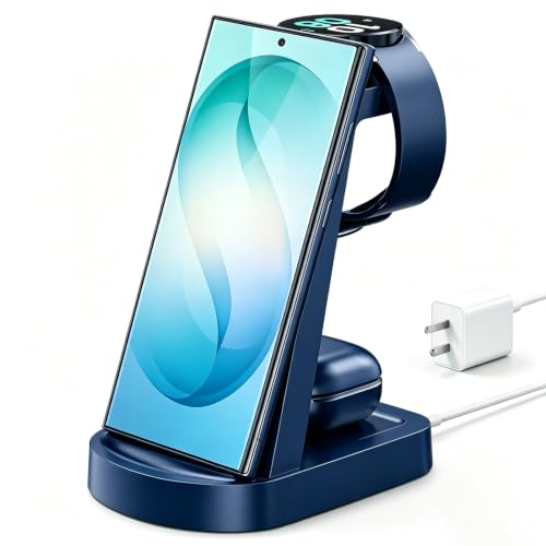 Wireless Charging Station for Samsung/Android, Fast Wireless Watch Charger Station Compatible for Samsung Galaxy S26 Ultra/S25/S24+/Z Flip 7/6 Fold 7/6, Watch8/7/Pro/Active 2 Galaxy Buds3/2 Pro(Blue) - color: Blue