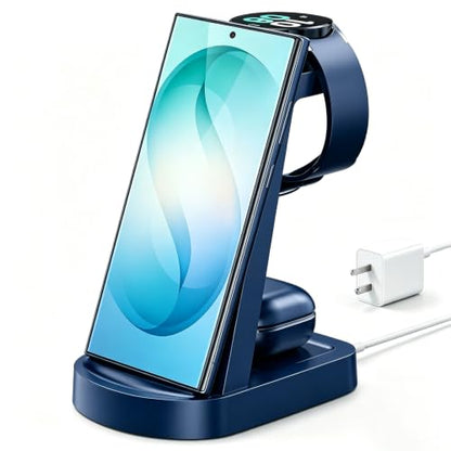 Wireless Charging Station for Samsung/Android, Fast Wireless Watch Charger Station Compatible for Samsung Galaxy S26 Ultra/S25/S24+/Z Flip 7/6 Fold 7/6, Watch8/7/Pro/Active 2 Galaxy Buds3/2 Pro(Blue) - color: Blue