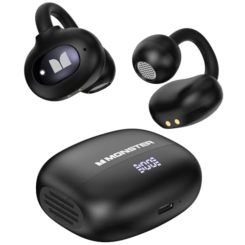 Monster Open-Ear AC339 Earbuds, Bluetooth 6.0 Headphones Stereo Sound, Clip-on Wireless Earbuds 40 Hours Playback,Touch Control, IPX6 Waterproof,Black