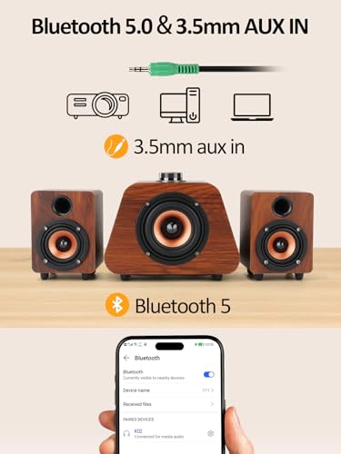 Computer Speakers, Mini PC Speaker with subwoofer,2.1 USB Powered Desktop Speakers, Bluetooth 5.0 and RCA Input pc Speakers for Desktop, Laptops, Phonograph, Phones, Tablets(K02) (Brown)
