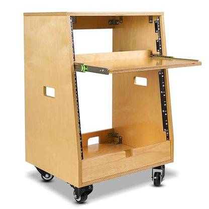 Sound Town DIY Slanted 12U Studio Rack (4U Top + 8U Lower), with 2U Bottom Storage, Slide-Out Tray, Caster, Plywood, Golden Oak for Recording Room, Home Studio (SDRK-ST12T) - size: 12U(4U Top + 8U Lower),Golden Oak