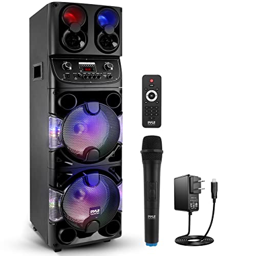 Pyle Portable Bluetooth PA Speaker - 600W Dual 10” Rechargeable Indoor/Outdoor BT Karaoke Audio System -LED Display, FM/AUX/MP3/USB/SD, 1/4" in, Handle, Wheels -Wireless Mic, Remote Control