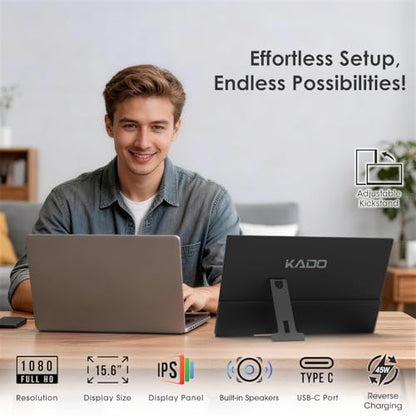 Kado Portable Monitor 15.6-inch FHD 1080p Rotating Stand IPS Display | 45W Reverse Charging Ultra-Slim Laptop Monitor 1920x1080 with Built-in Speakers for PC, Mac, Phone, Xbox, PS5, USB-C & HDMI - size: Pivot Stand