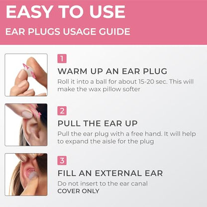 Peace&Quiet | PQ Silicone Ear Plugs for Sleeping - 15 Wax Earplugs for Sleep and Swimming, Soft Ear Covers for Sleeping, Wax Ear Plugs Noise Cancelling 32Db, Pink - color: Pink