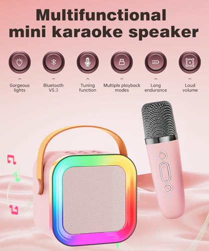 Mini Kids Karaoke Machine Ages 3-12, Wireless Mics Bluetooth Speaker, Pink | LED Party Lights, Voice Changer, Duets, BT 5.3, Rechargeable Portable, Birthday Christmas Toys & Gifts for Boys & Girls - color: Pink - 1 Mic