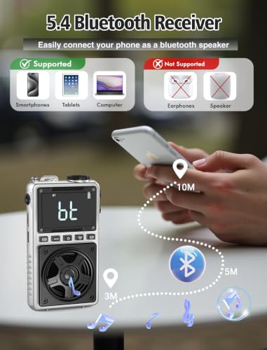 AM FM Shortwave Radio with NOAA Weather Alert,1250mAh Rechargeable | Bluetooth Portable Pocket Radio with Best Reception 5W Big Speaker Earphone,Support SD Card and USB Player Silver - color: Silver