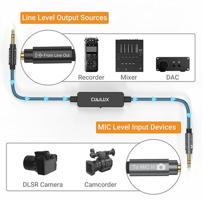 3.5mm TRS Line to Microphone Attenuator Cable, 3-Level (-10dB/-20dB/-30dB) Attenuation MIC Cord for DSLR Camera, Camcorder, 1 Feet