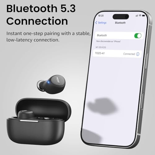 TOZO A1 Wireless Earbuds Bluetooth 5.3 Light Weight in Ear Headphones | IPX5 Waterproof, 2 Mics for AI Calls, Immersive Premium Sound Bass Ear buds with Charging Case, 32 Presets EQ via TOZO App - color: Black