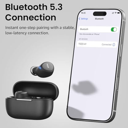 TOZO A1 Wireless Earbuds Bluetooth 5.3 Light Weight in Ear Headphones | IPX5 Waterproof, 2 Mics for AI Calls, Immersive Premium Sound Bass Ear buds with Charging Case, 32 Presets EQ via TOZO App - color: Black
