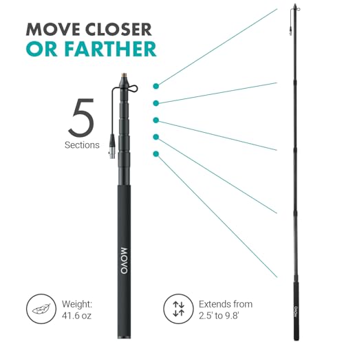 Movo Boom Mic Kit for Filmmaking – Supercardioid Shotgun Microphone, 9.8ft Boom Pole, Blimp Windscreen & Deadcat – Complete Location Sound Bundle