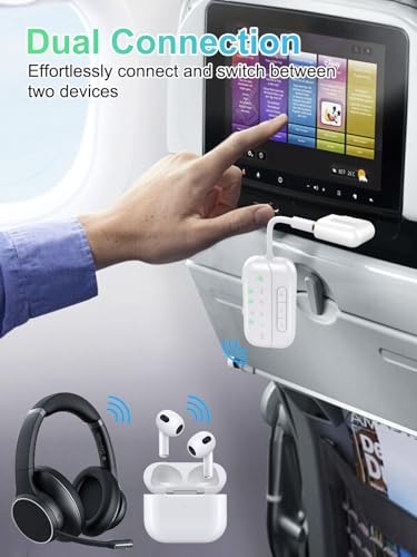 2026 Upgraded Pro Bluetooth 5.4 Transmitter Receiver,2-in-1 Airplane Wireless Adapter for Flight,TV,PC,Gym,Switch,Compatible with 2 AirPods/Headphones;Audio AUX Receiver for Car/Home Stereo - color: White