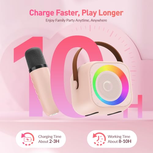 Karaoke Machine for Kids Adults, Mini Portable Bluetooth Karaoke Speaker with 2 Wireless Microphone and Lights, Christmas Birthday Gifts for Girls Ages 4, 5, 6, 7, 8, 9, 10, 12+ Family Home Party - color: P-ink