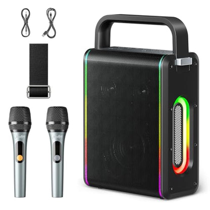 Moukey MPS5 Portable Karaoke Machine, 200W Peak Power Rechargeable Speaker with 2 Wireless Microphones& Strap, Support BT 5.3/REC/AUX/MP3/USB/TF, for Home/Party/Outdoor/Adults/Kids