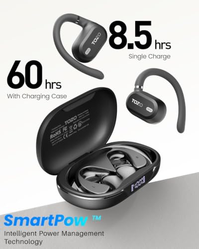 TOZO OpenWear Open Ear Earbuds, AI Translation Real Time 145+ Languages | 60H Translator Ear Buds Audifonos Traductores Inglés Español, All Day Comfort, Bluetooth Headphones 5.4 with Smart Display - color: Matte Black