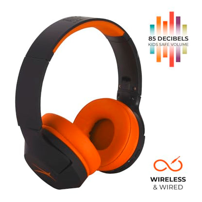 Altec Lansing Kid Safe Noise Cancelling Wireless Headphones 15H Battery, 85dB Volume Limit, Foldable Design Powerful Sound, Active Noise Cancellation Perfect for Kids Ages 7+ - color: Black/Orange
