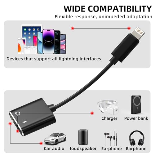 Iphone Headphone AUX Jack Adapter Audio Cable Lightning to 3.5mm Splitter 2in1 Dongle Earbud Charger Cord Adaptador Para MFI Certified Compatible for 13 12 11Pro Max Mini 7 8Plus X Xr Xs Se Ipad