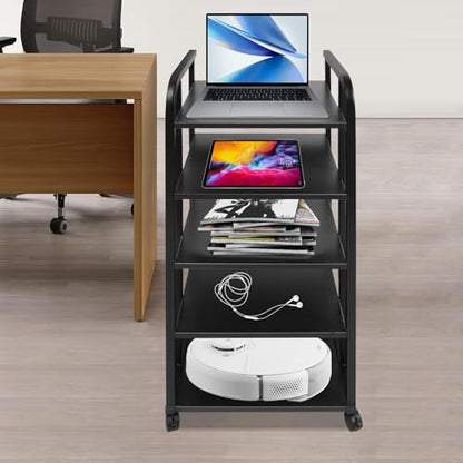 5 Tier Rolling AV Media Stand, Corner Audio Video Equipment Rack with Locking Wheels, Adjustable Shelves for Stereo Receiver Speakers and TV Components, Black