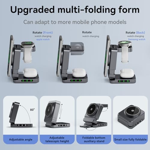 Wireless Charger 3 in 1, Foldable Charging Station for Apple Samsung Multi Devices Charging, Magnetic Charging Stand, Portable Travel Fast 15W Charger Station for iPhone, TWS, iWatch (Dark Gray) - color: dark grey