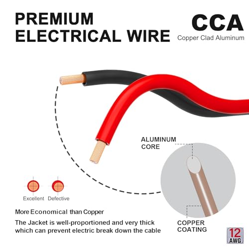 TYUMEN 12 Gauge Red Black Wire 50FT, 12/2 AWG Electrical Wire 12V/24V DC Cable, 12AWG 2 Conductor Flexible Copper Claded Aluminum Extension Cord for LED Ribbon Lamp Tape Lighting, in-Home, Autos Use - size: 50 Feet, style: 12/2 Gauge