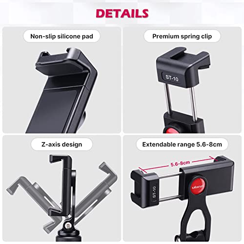 ULANZI Metal Phone Tripod Mount, Universal Cell Phone Clamp Stand Holder | 1/4" Screw& 2 Cold Shoe, Adjustable 360° Rotates for iPhone Android, ST-10 Smartphone Holder for Tripod, Mobile Photography