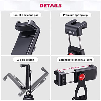 ULANZI Metal Phone Tripod Mount, Universal Cell Phone Clamp Stand Holder | 1/4" Screw& 2 Cold Shoe, Adjustable 360° Rotates for iPhone Android, ST-10 Smartphone Holder for Tripod, Mobile Photography
