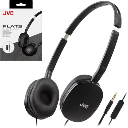 JVC Flats Foldable Colorful Flats On Ear Headphones with Remote and Microphone, 3.94 Foot Gold Plated 3.5mm Slim Plug - HAS160MA, Adjustable - Black - color: Black, style: Mic and Remote