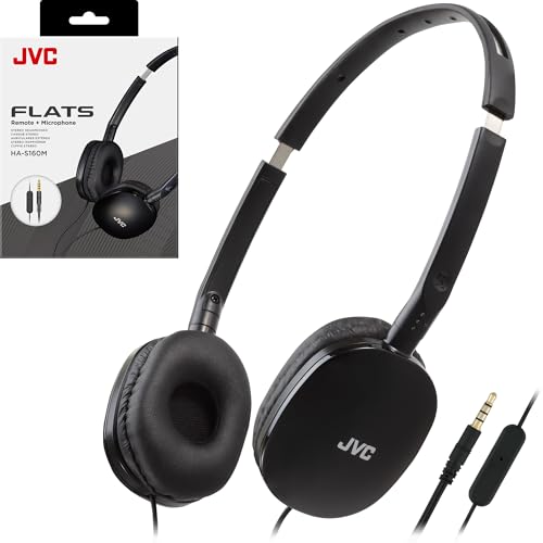 JVC Flats Foldable Colorful Flats On Ear Headphones with Remote and Microphone, 3.94 Foot Gold Plated 3.5mm Slim Plug - HAS160MA, Adjustable - Black - color: Black, style: Mic and Remote
