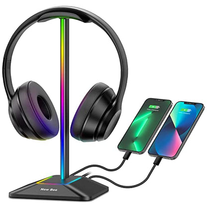 New Bee Headphone Stand with RGB Lighting, Sturdy Aluminum Gaming Headset Holder with USB-C & USB Charging Ports, Stable Desktop Earphone Stand for All Headphones Size, Black | USB-C & USB Charging Ports, Stable Desktop Earphone Stand for All Headphones S