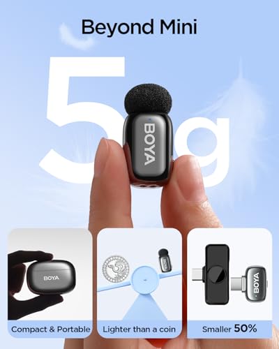 BOYA Mini 2 USB Type-C Wireless Lavalier Microphone for Andriod iPhone15/16,Ultra Mini Lapel Mics,100M Range,30Hrs Battery Life,Noise Reduction Clip On Mic for TikTok YouTube(Space Gray) - style: Mini 2(USB-C Silver)