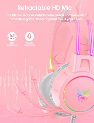 Lightweight Gaming Headset, RGB Lighting, Wired Over Ear Headphones with Mic for PC Laptop PS4 PS5 Switch, Stereo Surround Sound, Self-Adjusting Headband, Pink Cat Ear - color: Pink Cat Ear