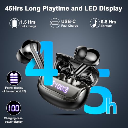 2026 Wireless Earbuds, Bluetooth 5.4 Headphones, HiFi Stereo, 50H Playtime | In-Ear Headphones with ENC Noise Cancelling Mics, IP7 Waterproof Wireless Headphones, Earbuds for iOS Android, LED Display - color: Magic Black