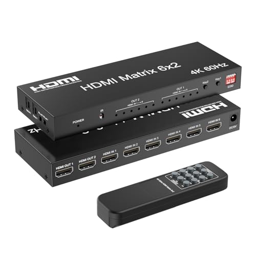6x2 HDMI 2.0 Matrix Switch Splitter, 6 in 2 Out HDMI Matrix Switcher Selector Supports 4K@60Hz 18Gbps UHD HDR HDCP 2.2, with Remote Control & Optical SPDIF 3.5mm Audio Extractor, EDID Management - size: 4K 6X2 Matrix with EDID