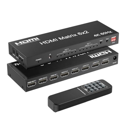 6x2 HDMI 2.0 Matrix Switch Splitter, 6 in 2 Out HDMI Matrix Switcher Selector Supports 4K@60Hz 18Gbps UHD HDR HDCP 2.2, with Remote Control & Optical SPDIF 3.5mm Audio Extractor, EDID Management - size: 4K 6X2 Matrix with EDID