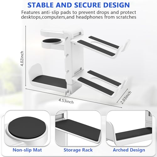 Rotating Headphone Stand with 360° Swivel, Adjustable Clamp-on Under Desk Headset Holder, Gaming Headphone Hanger (White) - color: White