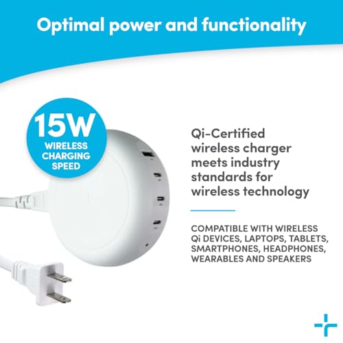 TYLT Hub 100W Multi-Port Power Charging Station, Compact Wireless Fast Charger with 3 USB-C Ports and 1 USB-A Port for MacBook, iPhone, iPad, and Qi Compatible Devices, White